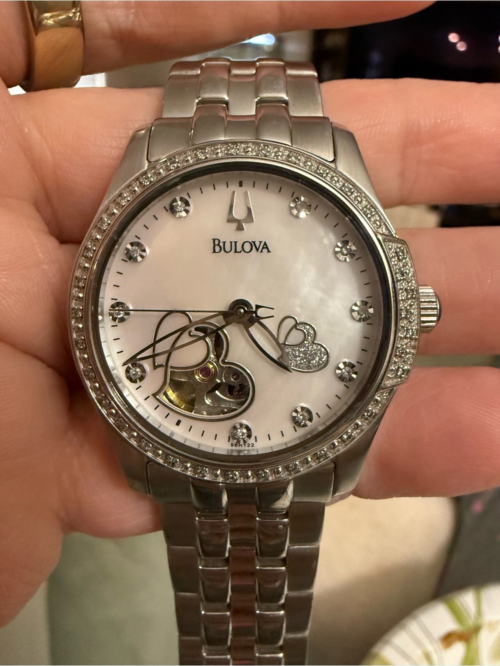 Bulova BVA Automatic Watch 96R122 MOP Heart Open Heart Diamond Bezel 34mm